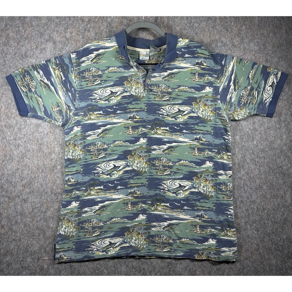 OP Sport Men's Large Cotton Short Sleeve Polo Shirt Blue/Green Hawaii Fishing‎